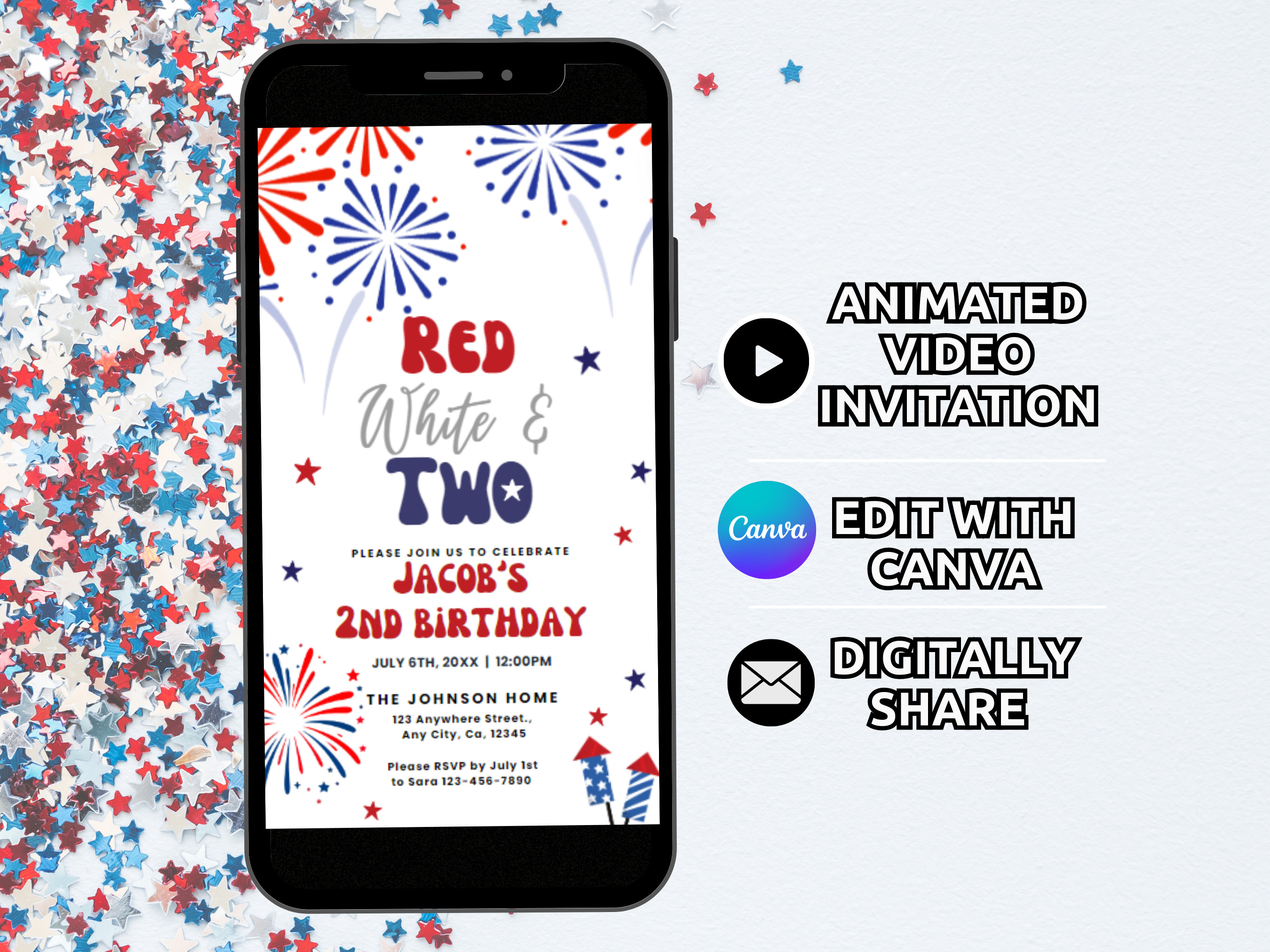 Red White and Two Birthday Invitation Template, Digital 4th of July 2nd ...