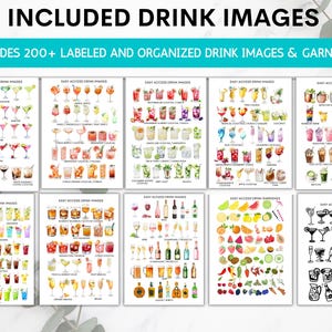 May include: A collection of watercolor drink images, including cocktails and garnishes. The image includes the text "INCLUDED DRINK IMAGES" and "INCLUDES 200+ LABELED AND ORGANIZED DRINK IMAGES & GARNISHES". The images are arranged on white backgrounds.