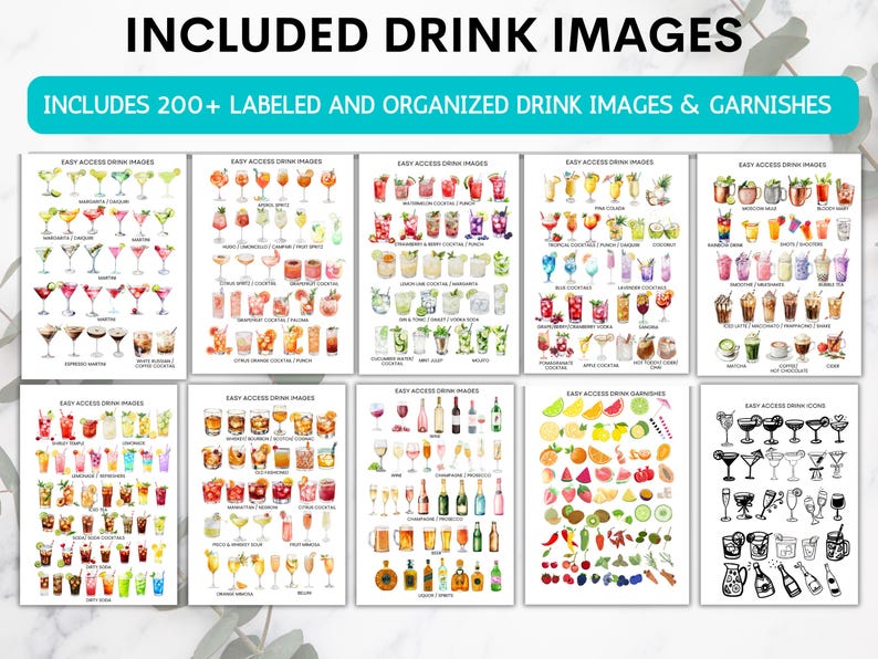May include: A collection of watercolor drink images, including cocktails and garnishes. The image includes the text "INCLUDED DRINK IMAGES" and "INCLUDES 200+ LABELED AND ORGANIZED DRINK IMAGES & GARNISHES". The images are arranged on white backgrounds.