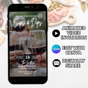 Sips Dips Charcuterie Invitation Template, Digital Wine and Cheese Invite Animated, Girls Night Wine Tasting Birthday Party Invite Phone