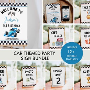 Racing Party Sign Bundle bearbeitbar, Rennautos Geburtstagsfeier Dekor, Auto Party Favor & Geschenke Zeichen, Fast One Party Two Fast Birthday Signage