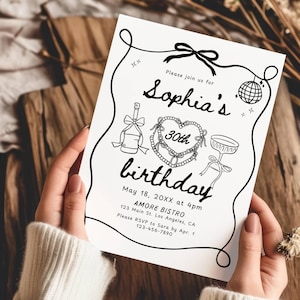 Hand Drawn Birthday Party Invitation Template, Whimsical 30th Birthday Invite, 40th 50th Doodle Birthday Dinner Celebration Invite Printable