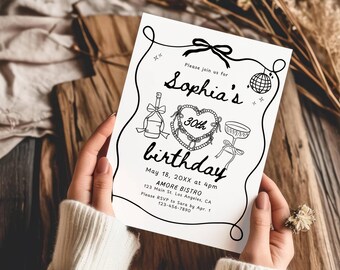 Hand Drawn Birthday Party Invitation Template, Whimsical 30th Birthday Invite, 40th 50th Doodle Birthday Dinner Celebration Invite Printable