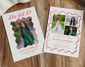 Graduation Invitation Template, Senior Graduate Announcement, Wavy Hand Drawn Graduation Party Invite, Bow Photo Graduation Card Editable