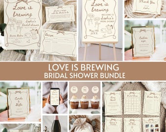 Love is Brewing Bridal Shower Bundle, Espresso Martini Bridal Shower Invite Signs & Games Bundle Hand Drawn  Bow Coffee Editable Template