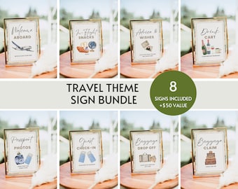 Travel Theme Sign Bundle for Weddings Baby Shower Editable, Airplane Birthday Party Decor, Adventure Bridal Shower, Bon Voyage Retirement