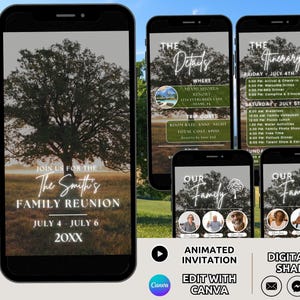 May include: A digital family reunion invitation template displayed on multiple smartphone screens, featuring a large tree silhouette against a field, with text including The Smith's Family Reunion, July 4 - July 6, 20XX, The Details, The Itinerary, and Our Family.