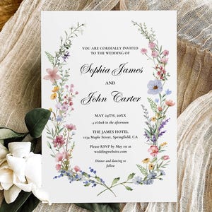 Wildflower Wedding Invitation Template, Elegant Garden Party Wedding Invite, Watercolor Boho Floral Flower Wedding Invite Coquette Editable