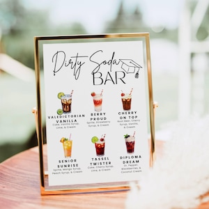 Può includere: Un cartello con cornice dorata con il testo "Dirty Soda Bar" e illustrazioni di sei ricette di soda. Le ricette includono ingredienti come sciroppo di vaniglia, sciroppo di ciliegia e crema di cocco. È presente anche una grafica di cappello di laurea.
