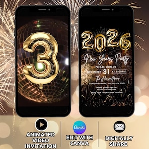 Digital 2026 New Years Party Invitation Template, Gold Balloon Countdown New Years Eve Party Invite, NYE New Year's Dinner Party evite Phone