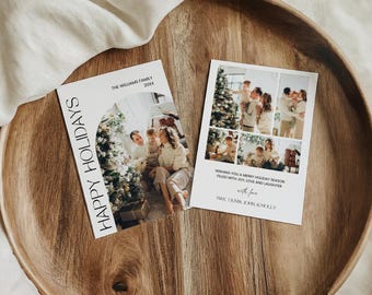 Plantilla de tarjeta navideña con foto, tarjeta navideña de resumen del año, tarjeta navideña familiar imprimible con foto, boletín navideño editable con foto en forma de arco