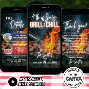 4th of July BBQ Invitation Template, Digital Grill and Chill Party Invite Animated, July 4th Cookout Barbeque Party Celebration Invite Phone