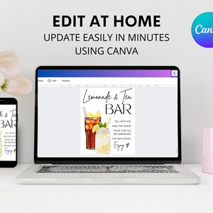 May include: A laptop and smartphone display a "Lemonade & Tea Bar" sign, with instructions and illustrations of drinks. The text "Edit at Home, Update Easily in Minutes Using Canva" is at the top. A pink mug and flowers are also in the image.