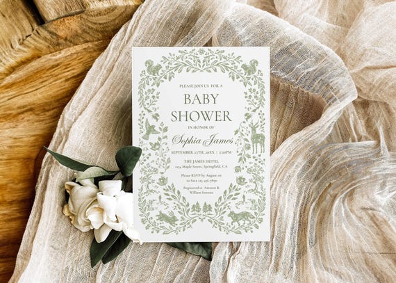 Woodland Toile De Jouy Baby Shower Invitation Template, Sage Green Vintage Baby Shower Invite, Floral Spring Baby Brunch Invite Printable