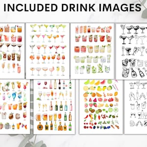 May include: A collection of watercolor illustrations featuring various cocktails, mixed drinks, and beverages. The images include a variety of colorful drinks in different glasses, along with illustrations of fruits and garnishes. The text "INCLUDED DRINK IMAGES" is at the top.