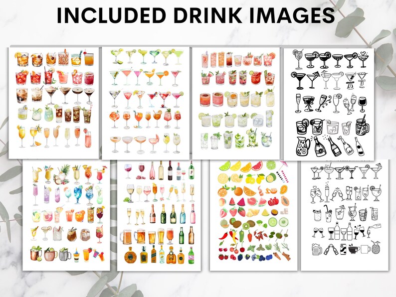 May include: A collection of watercolor illustrations featuring various cocktails, mixed drinks, and beverages. The images include a variety of colorful drinks in different glasses, along with illustrations of fruits and garnishes. The text "INCLUDED DRINK IMAGES" is at the top.