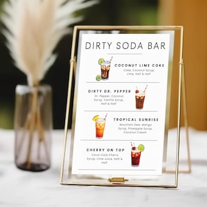 May include: A gold-framed sign displays a "DIRTY SODA BAR" menu with four drink options: Coconut Lime Coke, Dirty Dr. Pepper, Tropical Sunrise, and Cherry on Top. Each drink is illustrated with ingredients listed below.