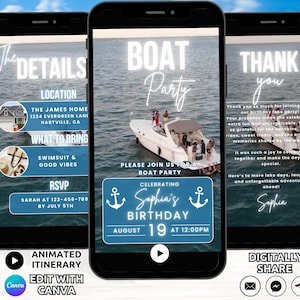 Boat Party Invitation Template, Digital Boat Birthday Party Invite, Animated Lake Beach Yacht Pontoon Party Summer Celebration Invite Phone