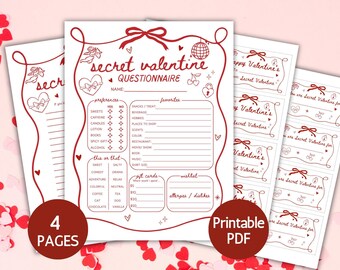 Pode incluir: Um conjunto de questionários Secret Valentine em PDF imprimível com desenhos de linhas vermelhas em papel branco. As páginas incluem seções para preferências, favoritos, escolhas, cartões-presente e uma lista de desejos, decoradas com corações, cerejas e laços.