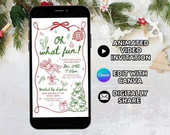 Puede incluir: Un teléfono inteligente que muestra una invitación digital para una fiesta de Navidad con dibujos lineales rojos y verdes. El texto dice Oh what fun!, Dec 24th 7:00pm, 123 Holly Street, Any City, Ca, 12345, Hosted by Sophia, y Please RSVP to Sara 123-456-7890.