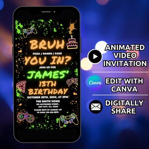 Bruh you In Neon 13th Birthday Invitation Template, Digital Video Game Thirteen Bday Invite Animated Teenager Boy 13th Birthday Invite Phone