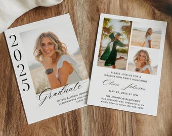 Peut inclure: Deux cartes d'annonce de remise de diplôme blanches avec des photos d'une diplômée. La carte de gauche affiche 2025, Graduate et Olivia Allison Johnson. La carte de droite inclut trois photos, les détails de la fête et le nom Olivia Johnson.