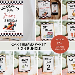 Racing Party Sign Bundle bearbeitbar, Rennautos Geburtstagsfeier Dekor, Auto Party Favor & Geschenke Zeichen, Fast One Party Two Fast Birthday Signage