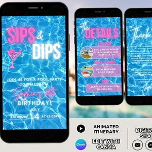 Pool Birthday Invitation Template, Digital Pool Party Invite Animated, Summer Birthday Party Itinerary Pool Beach Celebration Invite Phone
