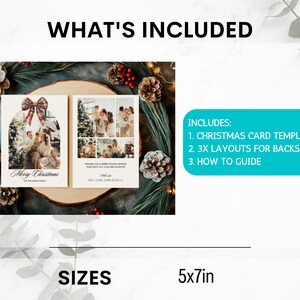 May include: A digital printable Christmas card template with a red and white bow and the text "Merry Christmas". The template includes three different layouts for the back of the card and a how-to guide. The card is 5x7 inches.