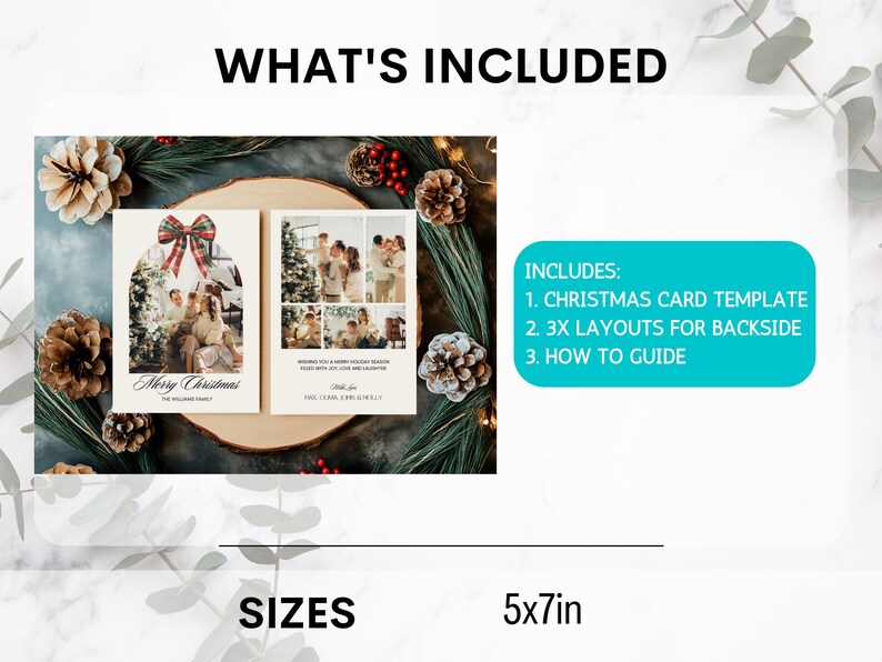 May include: A digital printable Christmas card template with a red and white bow and the text "Merry Christmas". The template includes three different layouts for the back of the card and a how-to guide. The card is 5x7 inches.