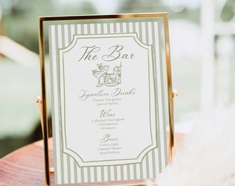 Bar Menu Sign Template, Classic Hand drawn Signature Drink Bar Menu, Sage Green Stripes Wedding Shower Birthday Party Cocktail Bar Sign