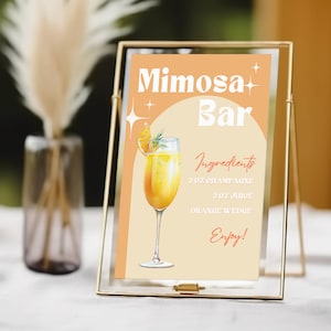 Znak Mimosa Bar, Nowoczesny nadruk koktajlowy Mimosa, Znak Mimosa, Szablon Brunch Bubbly Bar, Tagi Mimosa Juice na wieczór panieński w stylu retro