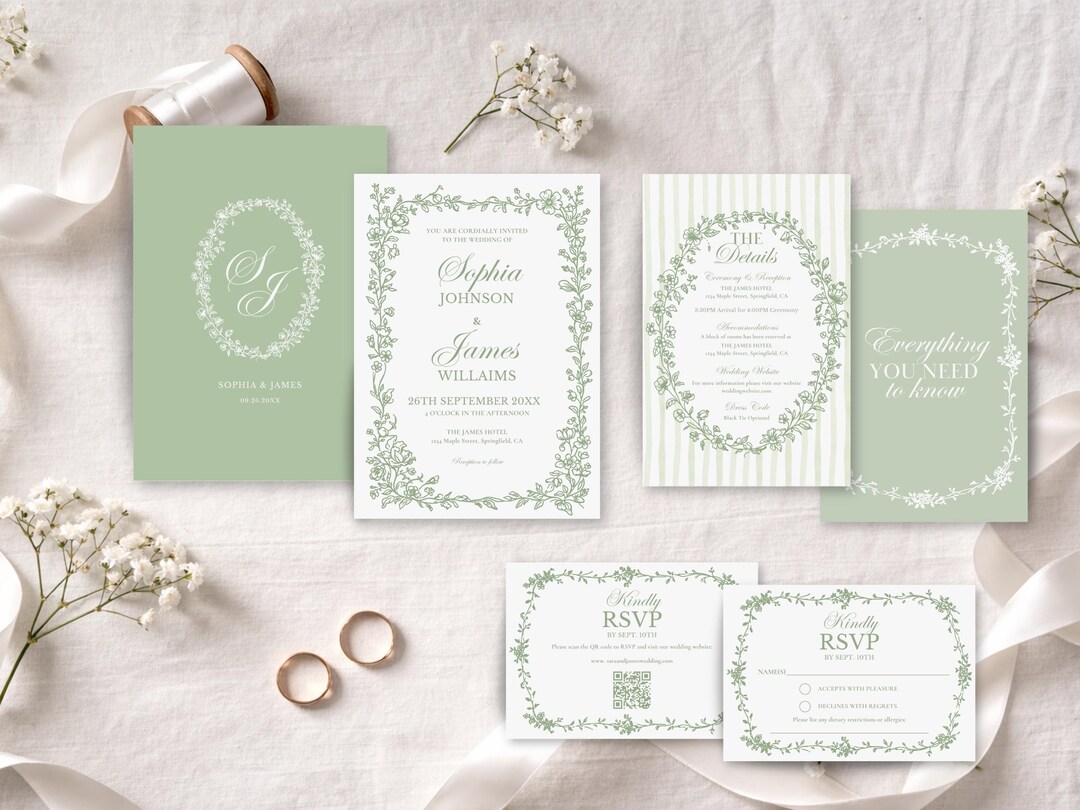 Sage Green Wedding Invitation Suite Template, Vintage Wedding Invite ...