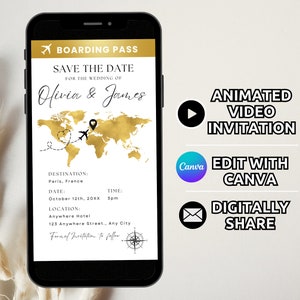 Carte d'embarquement, réservez la date, modèle numérique animé, faire-part de mariage à destination, invitation de mariage de voyage, billet d'avion, passeport modifiable