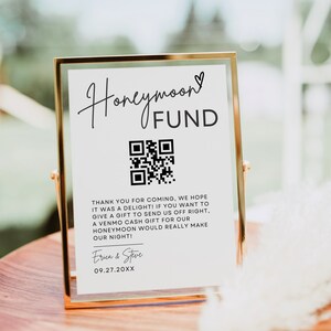 Honeymoon Fund QR Code Sign, Wedding Honeymoon Fund Sign, Modern Wedding Venmo QR Code Sign, Editable Honey moon Fund Template Printable