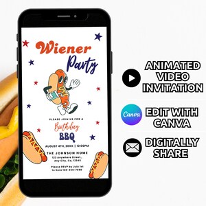 May include: A digital invitation for a Wiener Party birthday BBQ. The invitation features a cartoon hot dog with a party hat and a drink. The text on the invitation says "Wiener Party" and "Birthday BBQ". The invitation also includes the date, time, and location of the party.