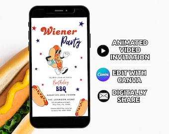 Funny Wiener Party Invitation Template, Digital Birthday Party BBQ Invite Animated, July Hotdog Grill Barbeque Celebration Invite Phone