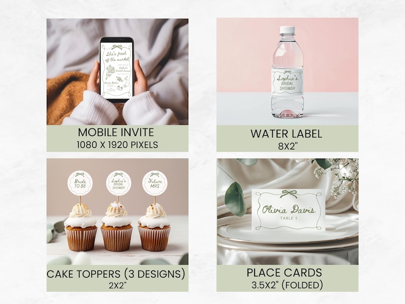 May include: A set of printable bridal shower party decorations featuring a mobile invitation, water bottle labels, cake toppers, and place cards. The designs feature a green and white colour scheme with a handwritten font and floral accents.