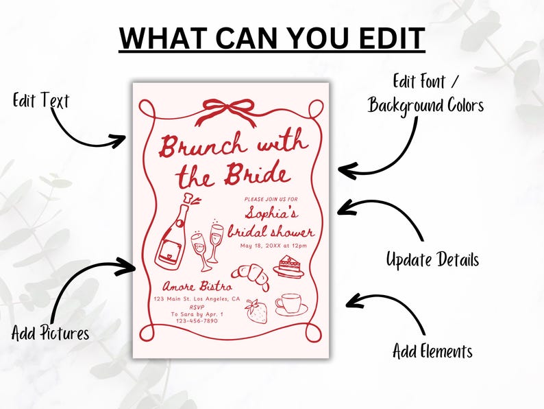 May include: A red and white printable bridal shower invitation with the text "Brunch with the Bride" and a list of details for the event. The invitation features a champagne bottle, glasses, a croissant, a cake, and a cup of coffee.