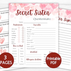 Secret Sister Übersicht Fragebogen, Weihnachtsgeschenk Austauschparty, druckbare Secret Sister Party Spiel Galentines Wunschliste Vorlage bearbeitbar