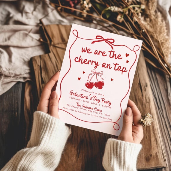 Galentines Invite Template, Valentines Party Girls Night Party Invite, Cherry on Top hand drawn Galentine's Day Invitation Brunch Printable
