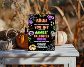 Puede incluir: Una tarjeta de invitación de cumpleaños de Halloween rectangular con fondo negro y gráficos estilo neón de telaraña, murciélago, fantasma y calabaza. El texto dice: BRUH YOU IN? JOIN US FOR JAMES' HALLOWEEN BIRTHDAY OCTOBER 20TH, 20XX, AT 3PM.