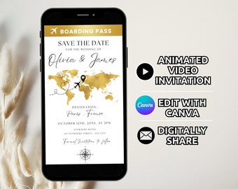 Modèle numérique de carte d'embarquement, réservez la date, faire-part de mariage à destination animé, invitation de mariage de voyage, billet d'avion or modifiable