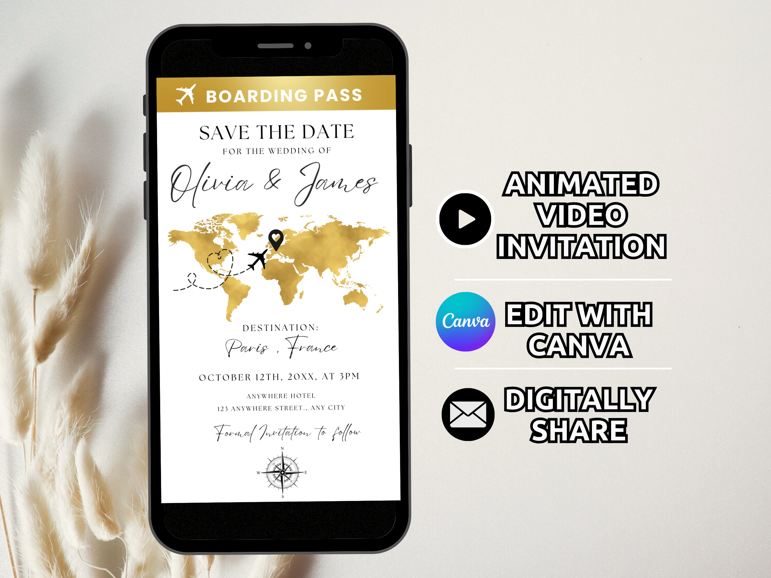 Boarding Pass Save the Date Digital Template, Animated Destination Wedding Invitation, Travel Wedding Invite Airplane Ticket Gold Editable