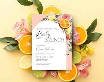Citrus Baby Shower Invitation Template, Floral Citrus Baby Shower Invite, Lemon Orange Pink Baby Brunch Shower Invite Editable Printable