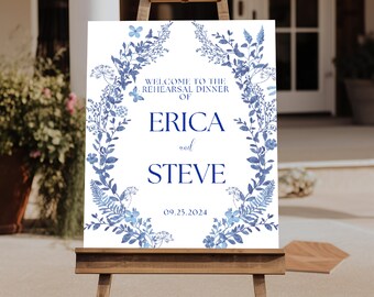 Navy Blue Floral Wedding Rehearsal Dinner Sign Welcome, The Night Before Welcome Sign, Vintage Wildflower Rehearsal Welcome Signage Template