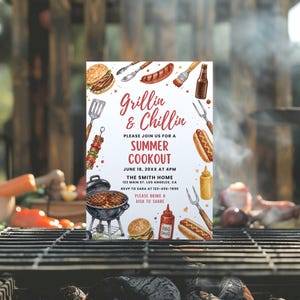 Summer BBQ Invitation Template, Grillin & Chillin Invite, BBQ barbeque Cookout Party, Editable Canva Invite Backyard Potluck Printable