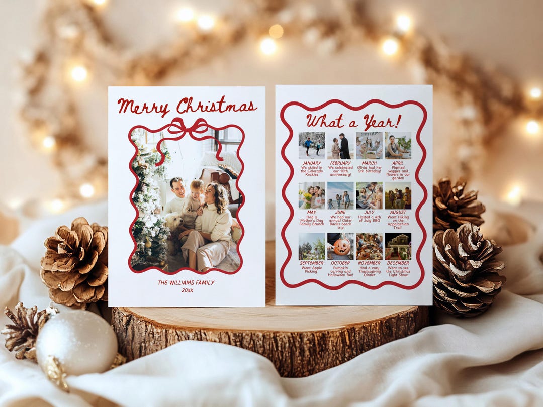 Christmas Photo Card Template, Red Bow Holiday Card, Printable Family ...
