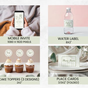 May include: A collection of bridal shower stationery items. Includes a mobile invite, water bottle label, cupcake toppers, and place cards. The mobile invite is 1080 x 1920 pixels. The water label is 8 x 2 inches. The cake toppers are 2 x 2 inches. The place cards are 3.5 x 2 inches (folded).