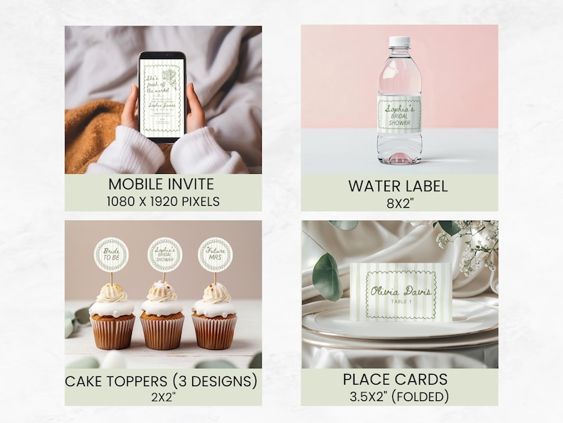 May include: A collection of bridal shower stationery items. Includes a mobile invite, water bottle label, cupcake toppers, and place cards. The mobile invite is 1080 x 1920 pixels. The water label is 8 x 2 inches. The cake toppers are 2 x 2 inches. The place cards are 3.5 x 2 inches (folded).